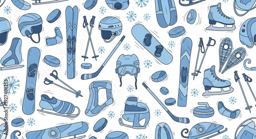 Blue Winter Sports Equipment Icons Collection.