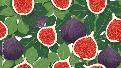 Lush seamless pattern of ripe purple figs, both whole and sliced, scattered among vibrant green fig leaves on a white background.