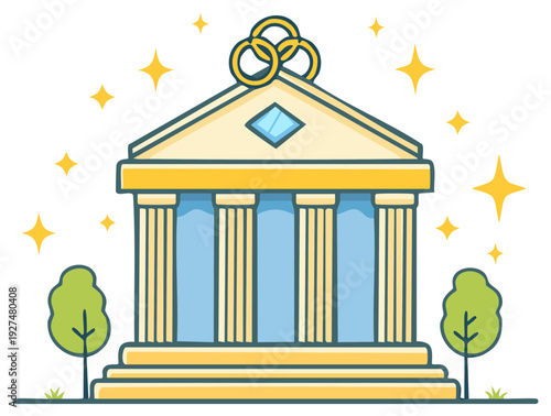 Stylized Courthouse Cartoon with Wedding Rings and Sparkling Stars for Marriage Legalization