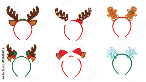 A festive collection of six different Christmas-themed headbands including reindeer antlers, snowflakes, and gingerbread men for parties.