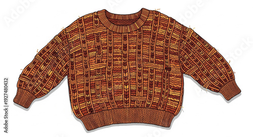 Brown Knitted Sweater with Geometric Pattern.