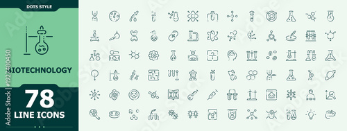 Biotechnology icon set. Includes symbols for scientist, biology, chemist, chemistry, research. Experiment icon set. Outline icons pack. Editable stroke. Pixel Perfect.