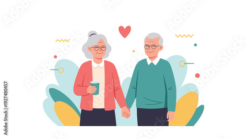 Heartwarming illustration of a happy elderly couple holding hands, symbolizing love, companionship, and a healthy retirement lifestyle.