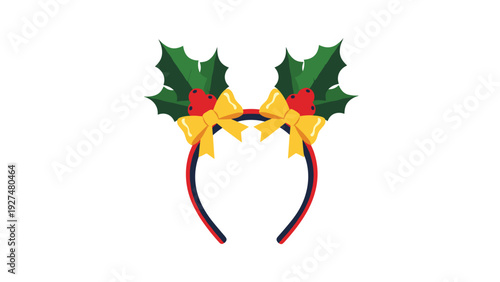 Cute Christmas headband accessory with green holly leaves, red berries, and festive yellow bows, isolated on a white background.