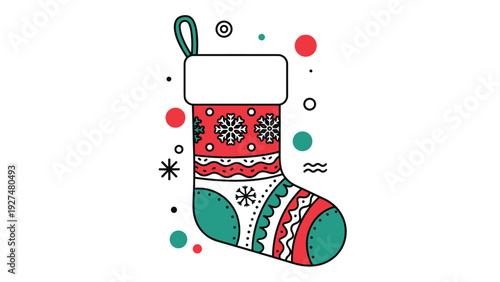 Festive Christmas stocking with intricate snowflake and wave patterns in red and green, decorated with colorful abstract dots.