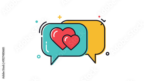 A colorful cartoon icon of two overlapping speech bubbles, one containing red hearts, representing a love message, online dating, or a romantic conversation.