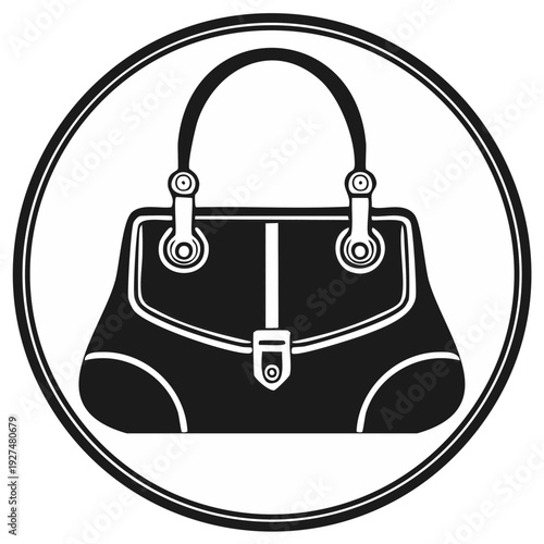 Stylized handbag illustration featuring a closed flap and a structured handle inside a circular badge