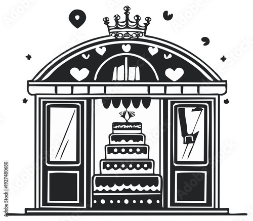 Illustration of a cake shop front with a tiered wedding cake