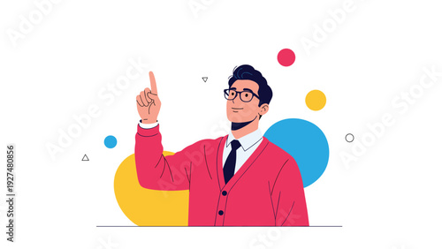 An intelligent young man wearing glasses and a red cardigan points his finger up, having a bright idea or moment of inspiration, against a background of colorful circles.