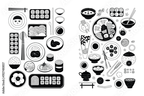 Sushi vector illustration set featuring various Japanese food icons and symbols