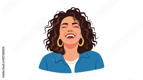 A vibrant vector portrait of a joyful young woman with curly brown hair and gold hoop earrings laughing heartily with her eyes closed, isolated on a white background.