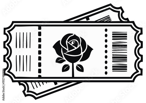 Black and white illustration of two tickets with a rose symbol, representing event access or admission.