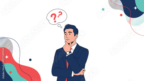 A thoughtful businessman in a suit stands with his hand on his chin, contemplating a problem, with question marks in a thought bubble above his head against an abstract background.