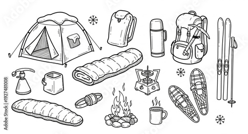 Camping and Skiing Equipment Illustration Set.