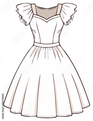 Elegant dress with pleated skirt, ruffles sleeves, and a sweetheart neckline fashion illustration
