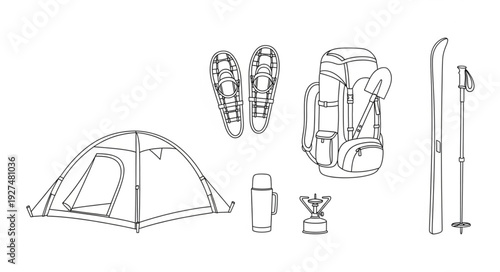 Camping Gear and Equipment Illustration Set.