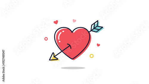 A simple and cute cartoon illustration of a shiny red heart pierced by Cupid's arrow, symbolizing falling in love, perfect for Valentine's Day greeting cards.