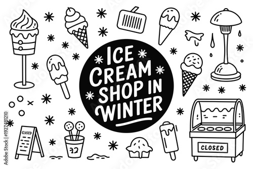 Ice cream shop in winter with various sweet treats and closed sign