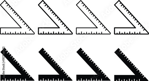 Set square ruler icon collection, triangular measuring tool in outline and silhouette isolated on white background illustration