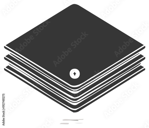 Stack of folded dark grey napkins or paper sheets with a small round button or logo on top viewed from an isometric perspective.