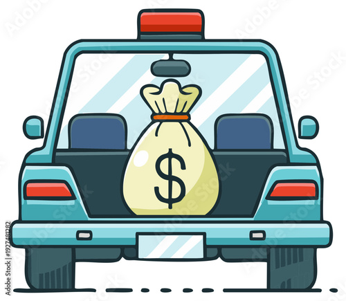 Cartoon Police Car Trunk Filled with Money Bag with Dollar Sign, Illegal transportation concept