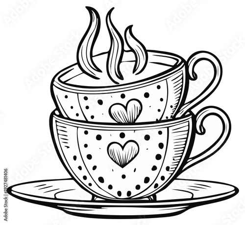 Two stacked teacups with hearts and steam rising in a drawing style