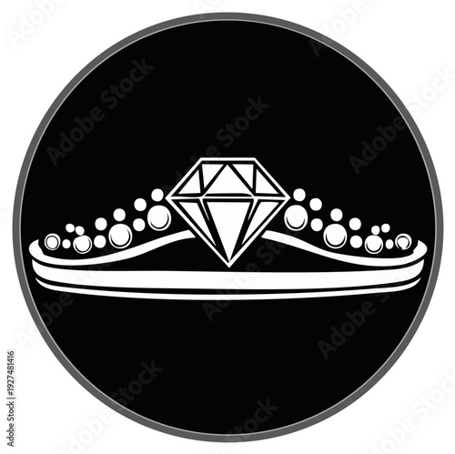 Elegant diamond engagement ring icon with sparkling gems in a circle border on a black background