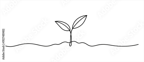 Minimalist continuous line drawing of a small plant sprout growing from soil