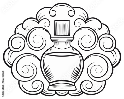 Elegant perfume bottle with a decorative swirling cloud design, black and white illustration