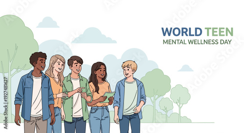 Teenagers supporting each other on World Teen Mental Wellness Day with a green plant symbolizing youth health and global awareness.