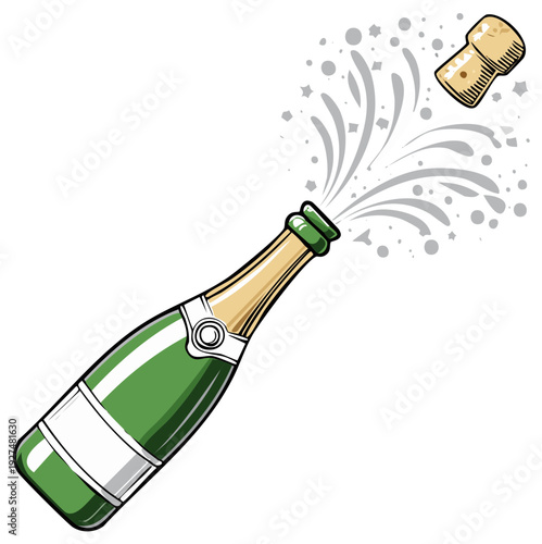 Celebration illustration of champagne bottle opening with flying cork and bubbly sparkling bubbles