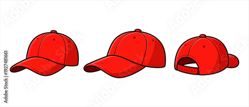 Set of three red baseball caps shown from different angles