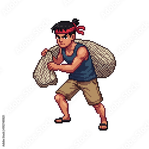 pixel art young energetic fisherman ready casting net dynamic coastal game character sprite