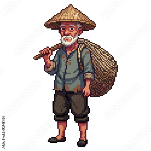 pixel art elderly fisherman character with fishing net traditional seaside worker retro game sprite