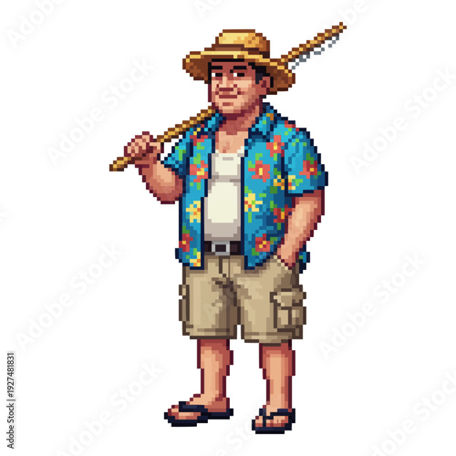 pixel art tropical relaxed fisherman with rod casual seaside retro game character sprite