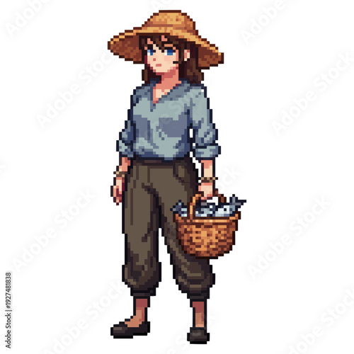 pixel art female coastal fisher carrying basket fresh catch seaside worker game sprite