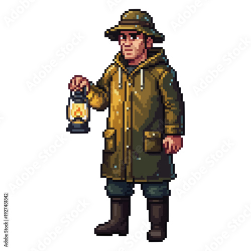 pixel art night fisherman holding lantern moody seaside fishing retro game sprite