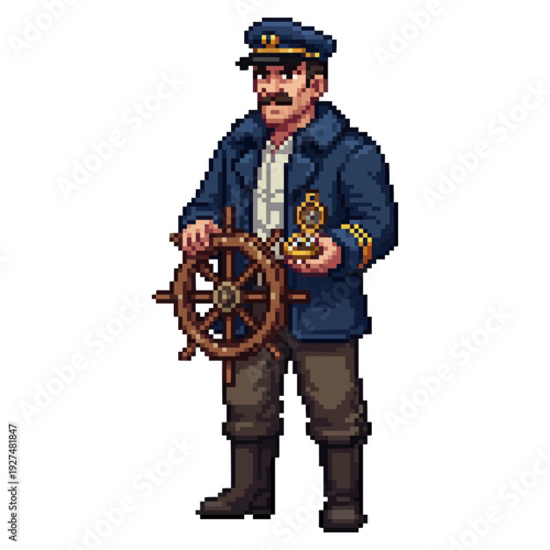 pixel art fishing boat captain character confident maritime leader retro game sprite