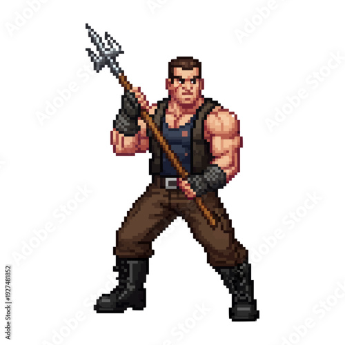 pixel art strong harpoon fisherman battle ready ocean hunter retro game sprite