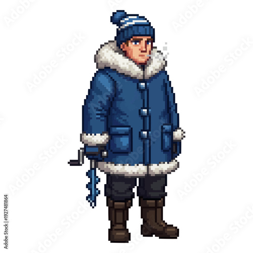 pixel art winter ice fisherman warm outfit cold ocean retro game sprite