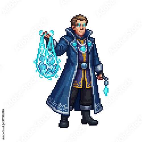 pixel art fantasy magical fisherman glowing net mystical ocean retro game sprite