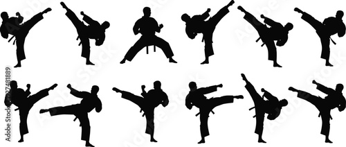 Karate kick silhouette set, martial arts fighter action poses vector collection isolated on white background for sport design