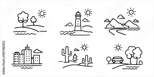 Simple outline vector icons illustrating diverse travel destinations and nature scenes