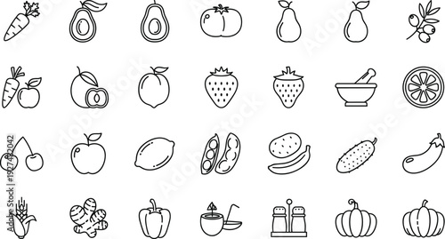 Black line fruit vegetable icons set, healthy fresh produce carrot avocado pear tomato apple strawberry lemon cherry banana cucumber eggplant ginger pumpkin