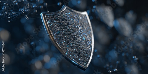 Digital shield protects network from cyber threats in abstract technology.