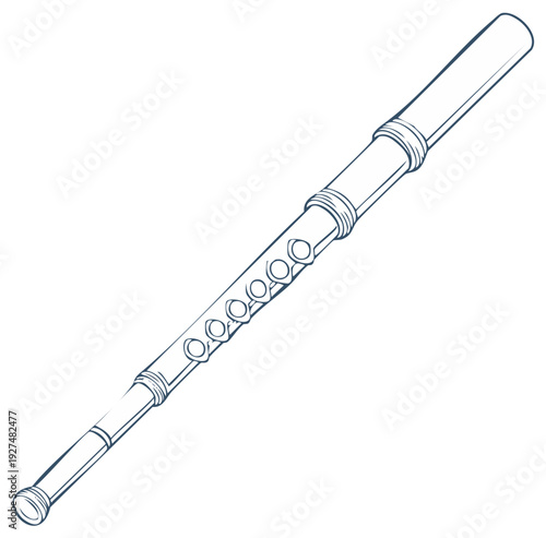 Line art illustration of a classical transverse flute, a woodwind instrument with tone holes and a cylindrical bore