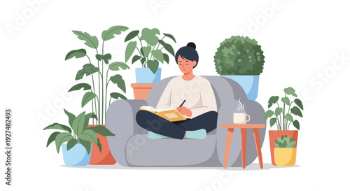 Woman Relaxing with Notebook on Sofa Surrounded by Houseplants