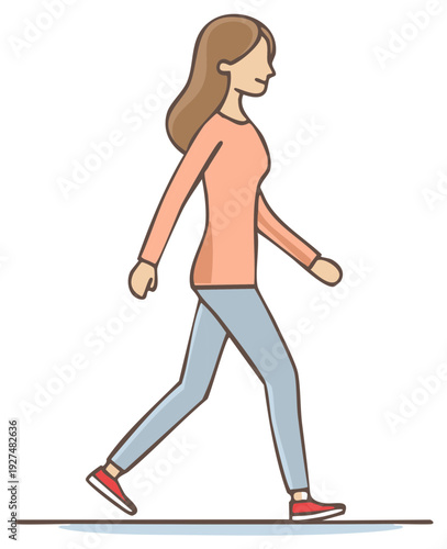 Cartoon Woman Walking Illustration, Walking Forward, Side View, Casual Clothes