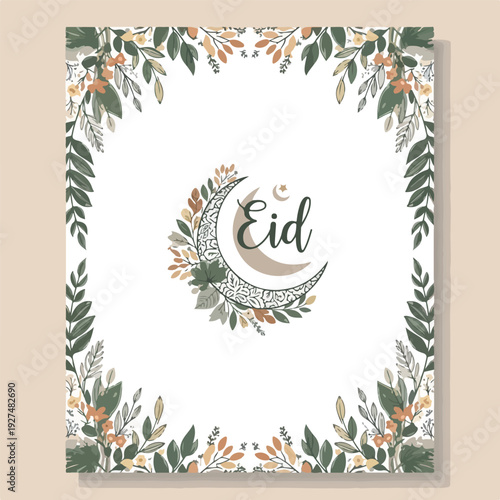 Eid Mubarak Greeting Card with Floral Border and Crescent Moon