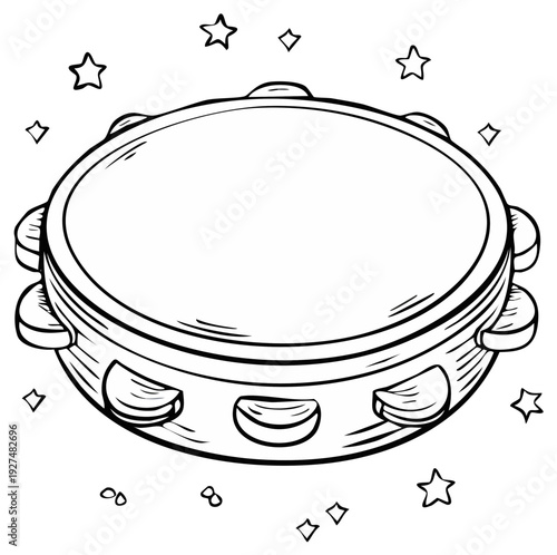 Illustration of a tambourine with star embellishments, hand drawn style.